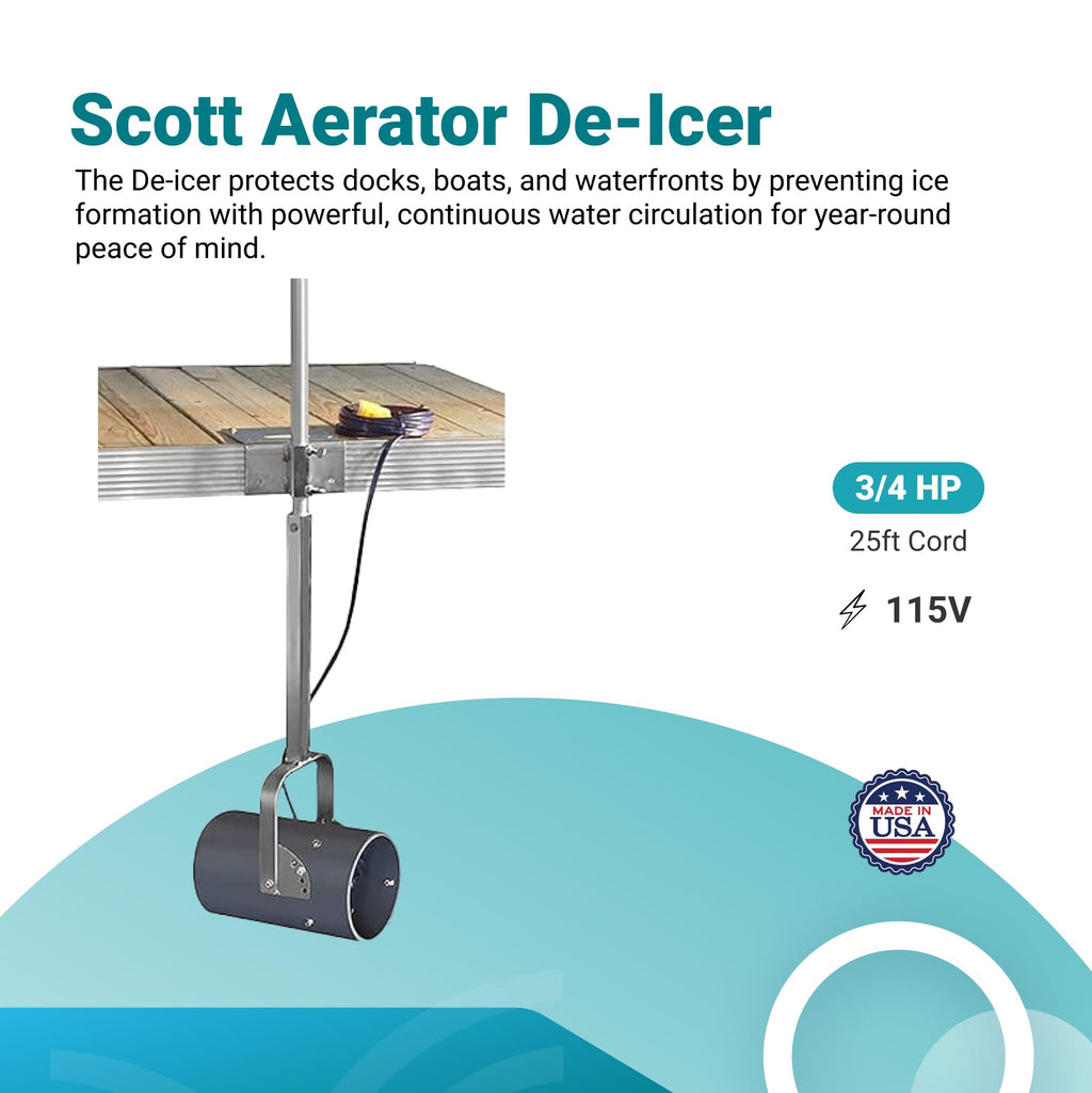 Scott Aerator DeIcer for Lakes & Ponds | 3/4 Horse Power 115V Stainless Steel & Oil Free Motor with 5 Years Warranty | 25 ft. Electric Corded Cable Included with Dock Mount Assembly | Made in USA