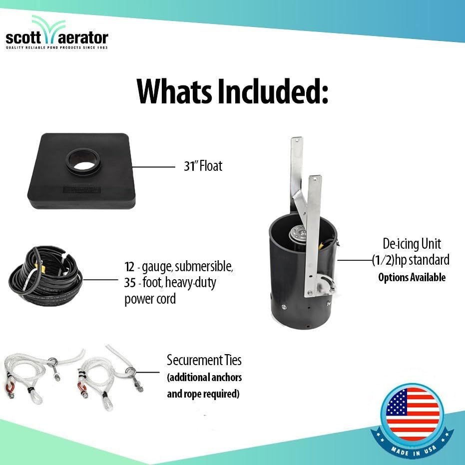 Scott Aerator Floating De-Icer for Lakes & Ponds | Multiple Horse Power 115V Stainless Steel & Oil Free Motor with 5 Years Warranty | 35 ft. Electric Corded Cable Included | Made in USA