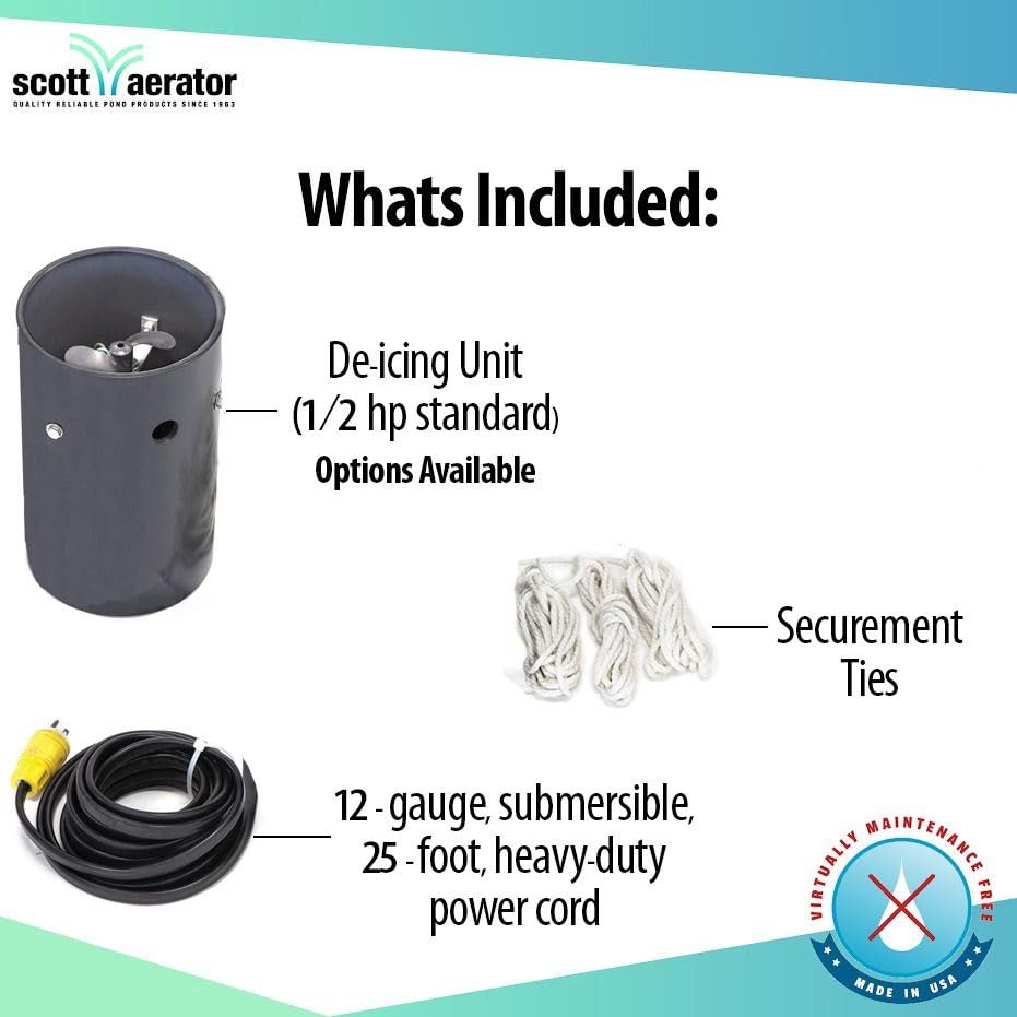 Scott Aerator De-Icer for Lakes & Ponds | 1/3 Horse Power 115V Stainless Steel & Motor with 5 Years Warranty |Electric Corded Cable Included with Dock Mount Assembly | Made in USA