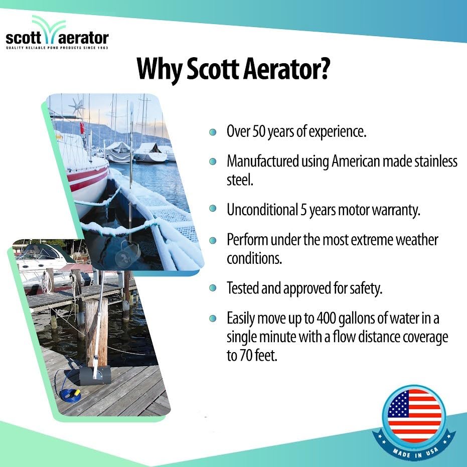 Scott Aerator De-Icer for Lakes & Ponds | 1/3 Horse Power 115V Stainless Steel & Motor with 5 Years Warranty |Electric Corded Cable Included with Dock Mount Assembly | Made in USA